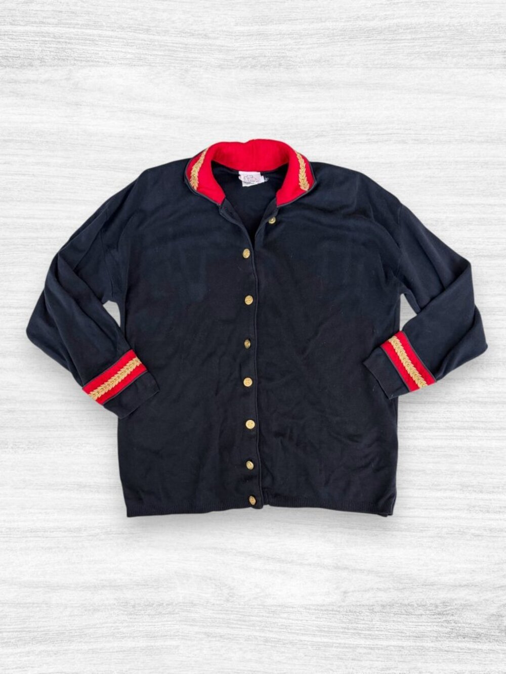 Vintage 1995 Gantos Military Band Cardigan Sweater Deep Navy Red Gold Size M